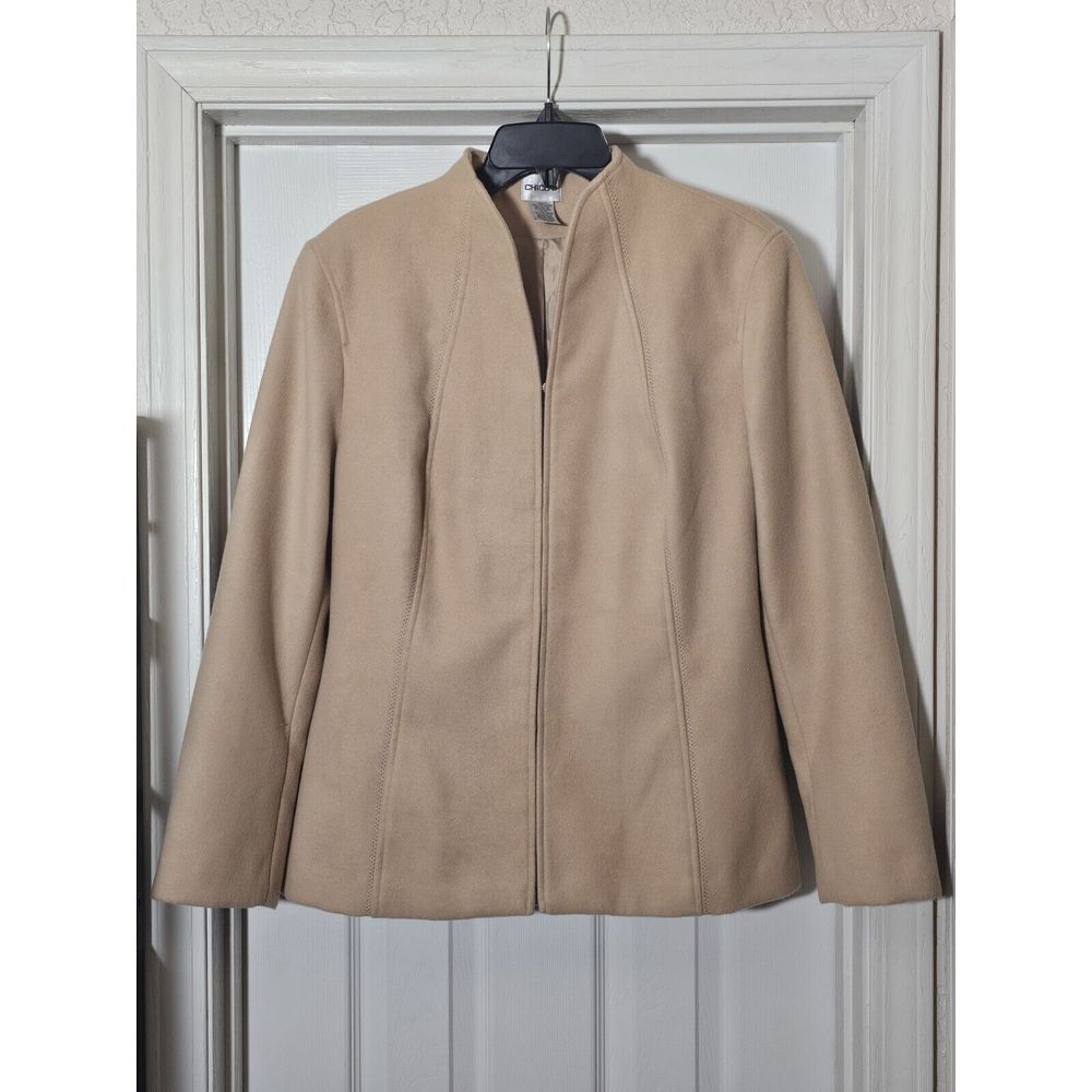 Chico's Camel Fleece Jacket Women's Size 2 Large Hook Eye Closure Blazer